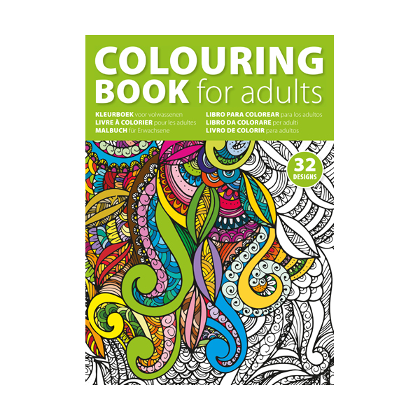 A4 adults colouring book with 32 designs on 250gsm paper.